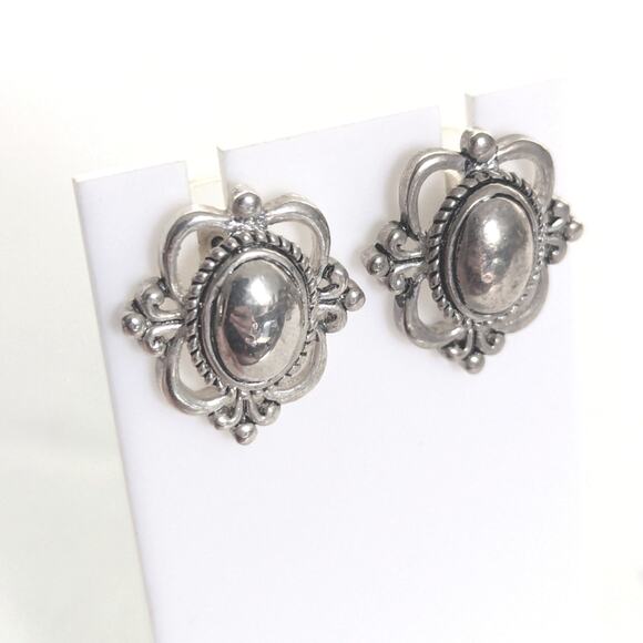 Vintage Estate Silver Tone Victorian Inspired Brutalist Post Stud Earrings - Picture 2 of 3